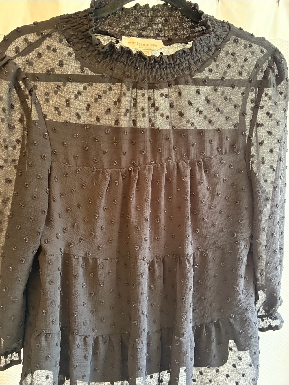 Monteau Black Swiss Dot Smocked Neck Tiered Blouse 3/4 Sleeve Sheer Lined Sz L